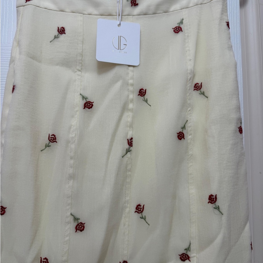 Chic Sheer Blouse with Red Floral Accents and skirt - Picture 7 of 7